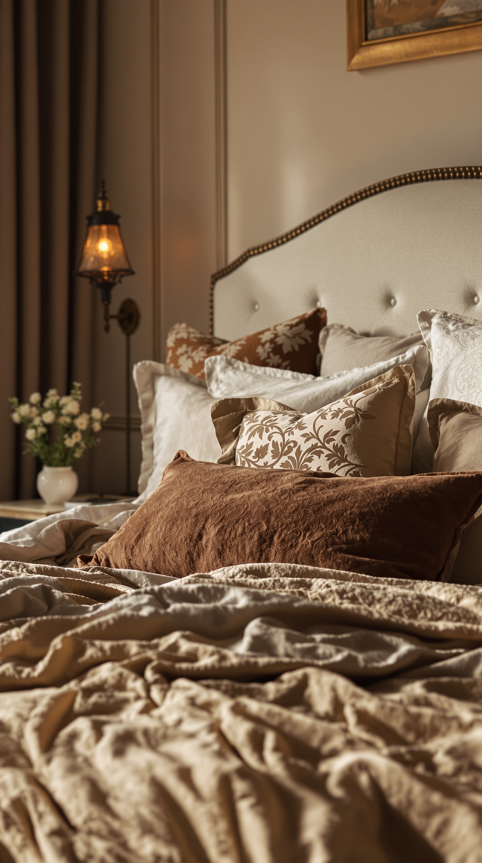 Luxuriöses Schlafzimmer mit einem stilvollen Bett, Kissen und einer warmen Decke in sanften Farben.