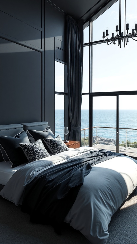 Luxuriöses Schlafzimmer mit stilvoller Bettwäsche und Blick auf das Wasser