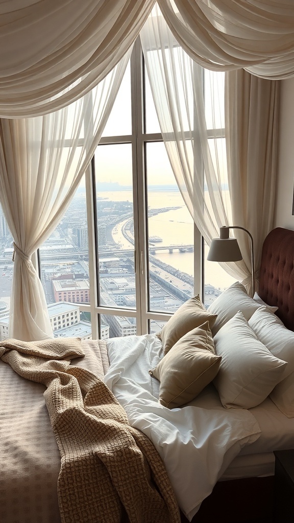 Luxuriöses Schlafzimmer mit großen Fenstern und weicher Bettwäsche