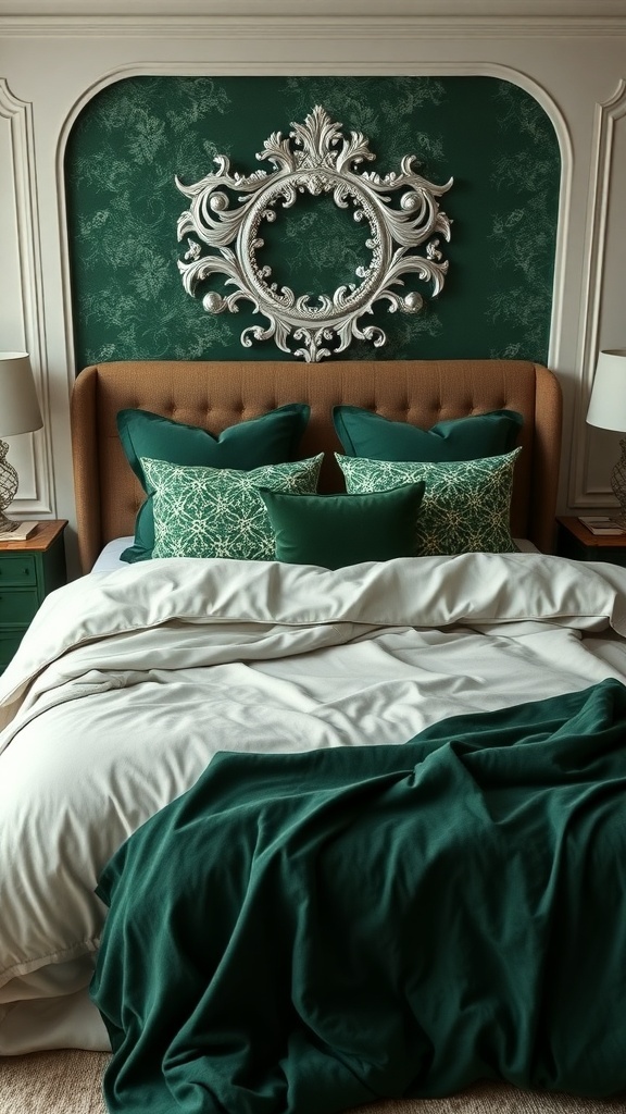Luxuriöse Bettwäsche in Smaragdgrün mit Kissen und elegantem Wanddesign