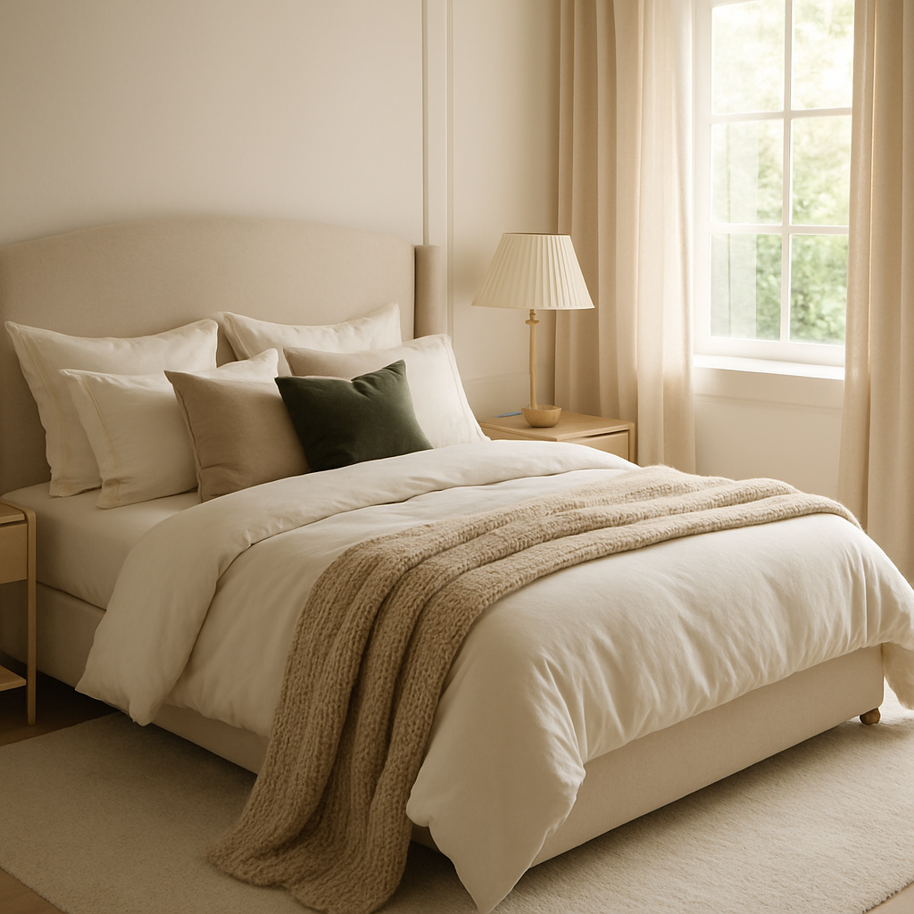 Luxuriöses Schlafzimmer mit weicher Bettwäsche und stilvollen Textilien