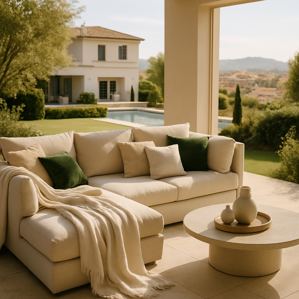 Luxuriöse Outdoor-Lounge mit Daybed und Blick auf den Garten