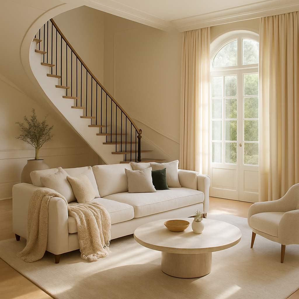 Ein elegantes Wohnzimmer mit hellen Vorhängen, einem beigen Sofa und einem runden Couchtisch.