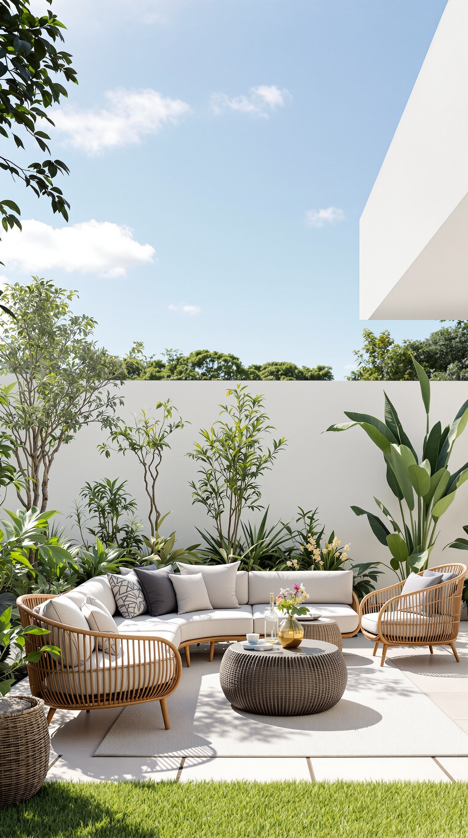 Luxuriöse Gartenmöbel in einem modernen Außenbereich mit Pflanzen im Hintergrund