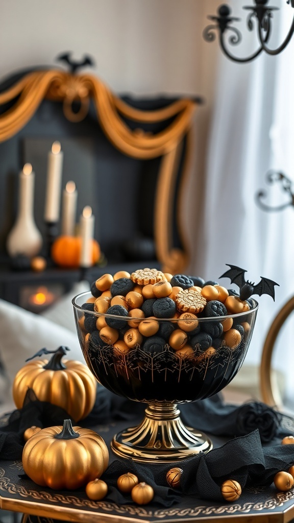 Luxuriöser Halloween-Bonbonbehälter mit goldenen und schwarzen Süßigkeiten, umgeben von Kürbissen und Kerzen.