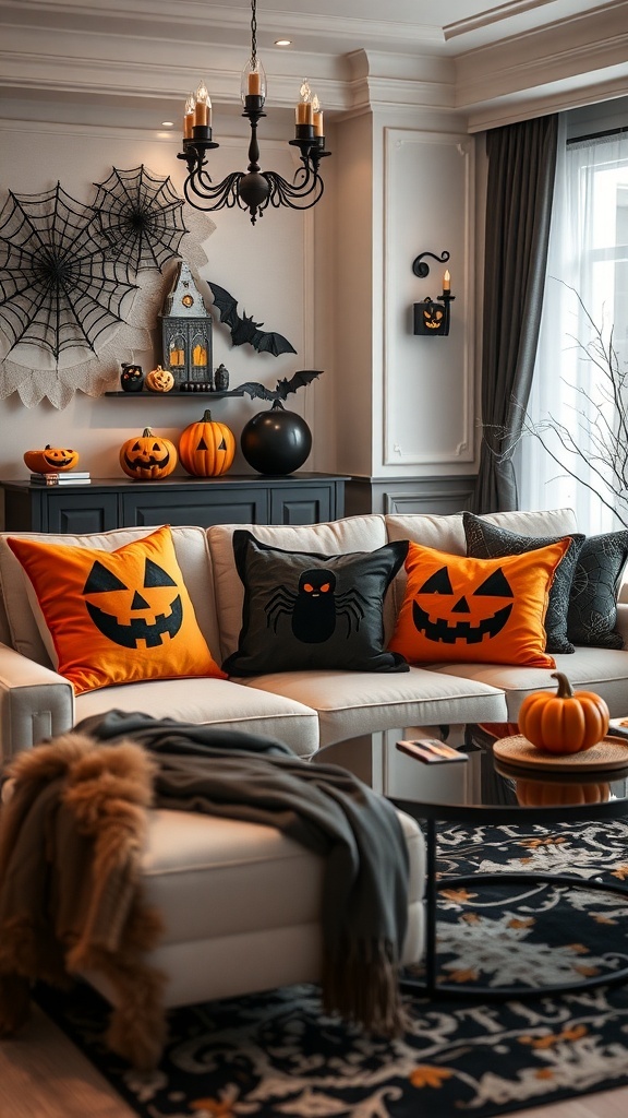 Luxuriöse Halloween-Dekoration im Wohnzimmer mit Kissen, Kürbissen und Spinnweben