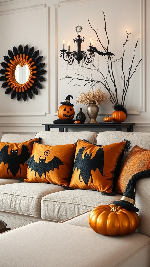 Luxuriöse Halloween-Kissen in Orange und Schwarz auf einer Couch, umgeben von Kürbissen und eleganter Dekoration.