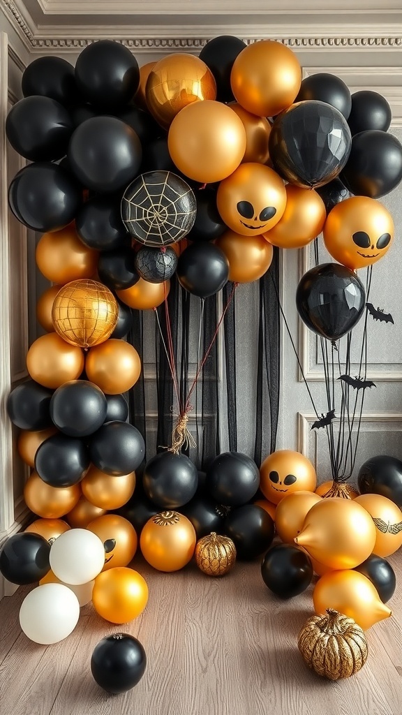 Eine festliche Anordnung von schwarzen und goldenen Halloween-Luftballons mit verschiedenen Designs.