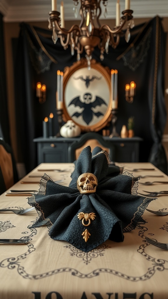 Luxuriöse Halloween-Serviette mit goldenen Totenkopf auf einem festlich gedeckten Tisch