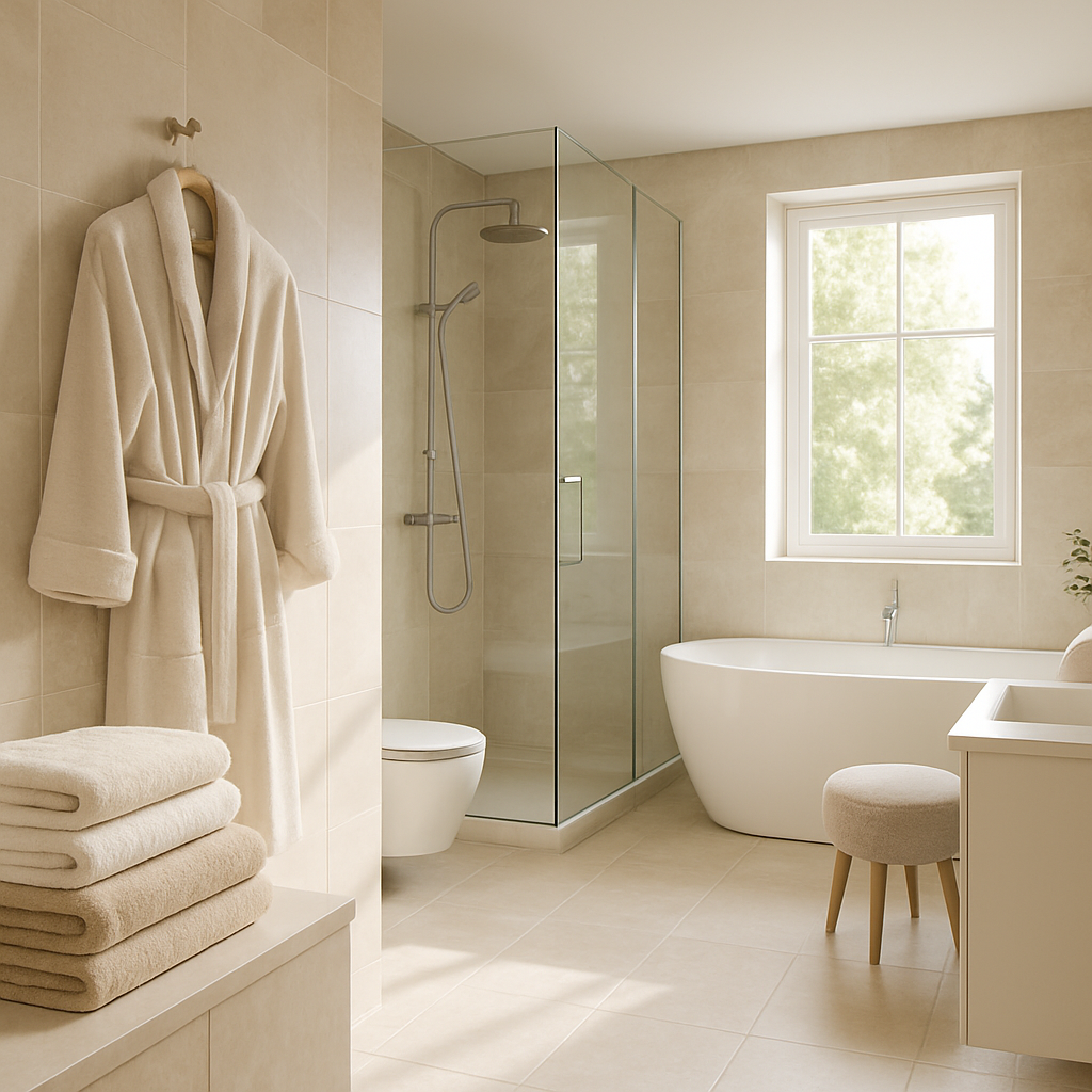 Luxuriöses Badezimmer mit Handtüchern und Bademantel