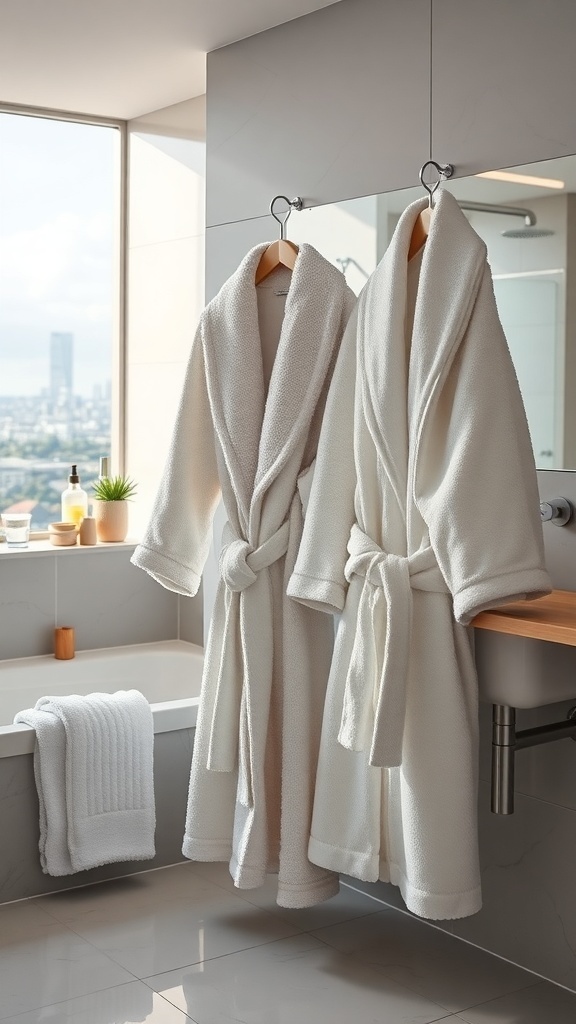 Zwei weiße Bademäntel und ein Handtuch in einem modernen Badezimmer mit Aussicht