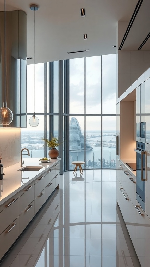 Moderne Küche mit luxuriösen hochglänzenden Oberflächen und großen Fenstern mit Blick auf die Stadt.
