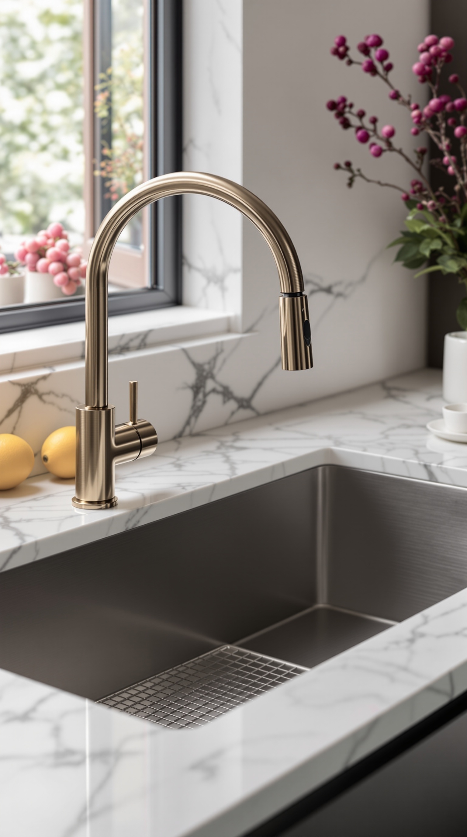 Luxuriöse Küchenspüle mit Roségold Wasserhahn in heller, moderner Küche