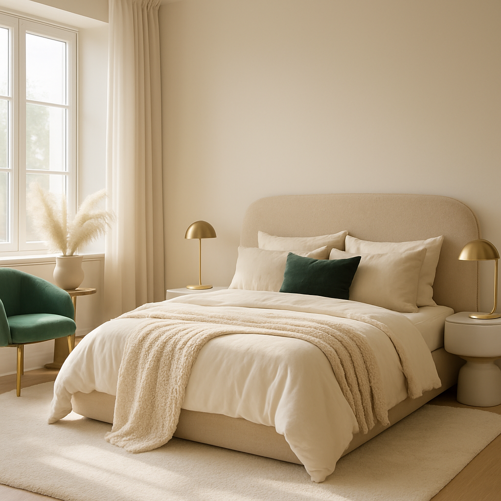 Stilvolles Schlafzimmer mit luxuriösen Möbeln in neutralen Farbtönen