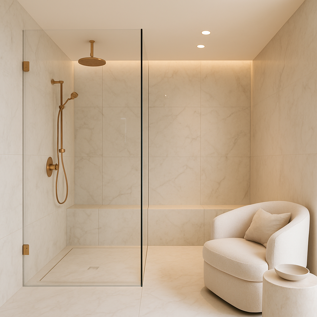 Luxuriöse Marmor-Dusche mit goldenen Armaturen und einem gemütlichen Sessel