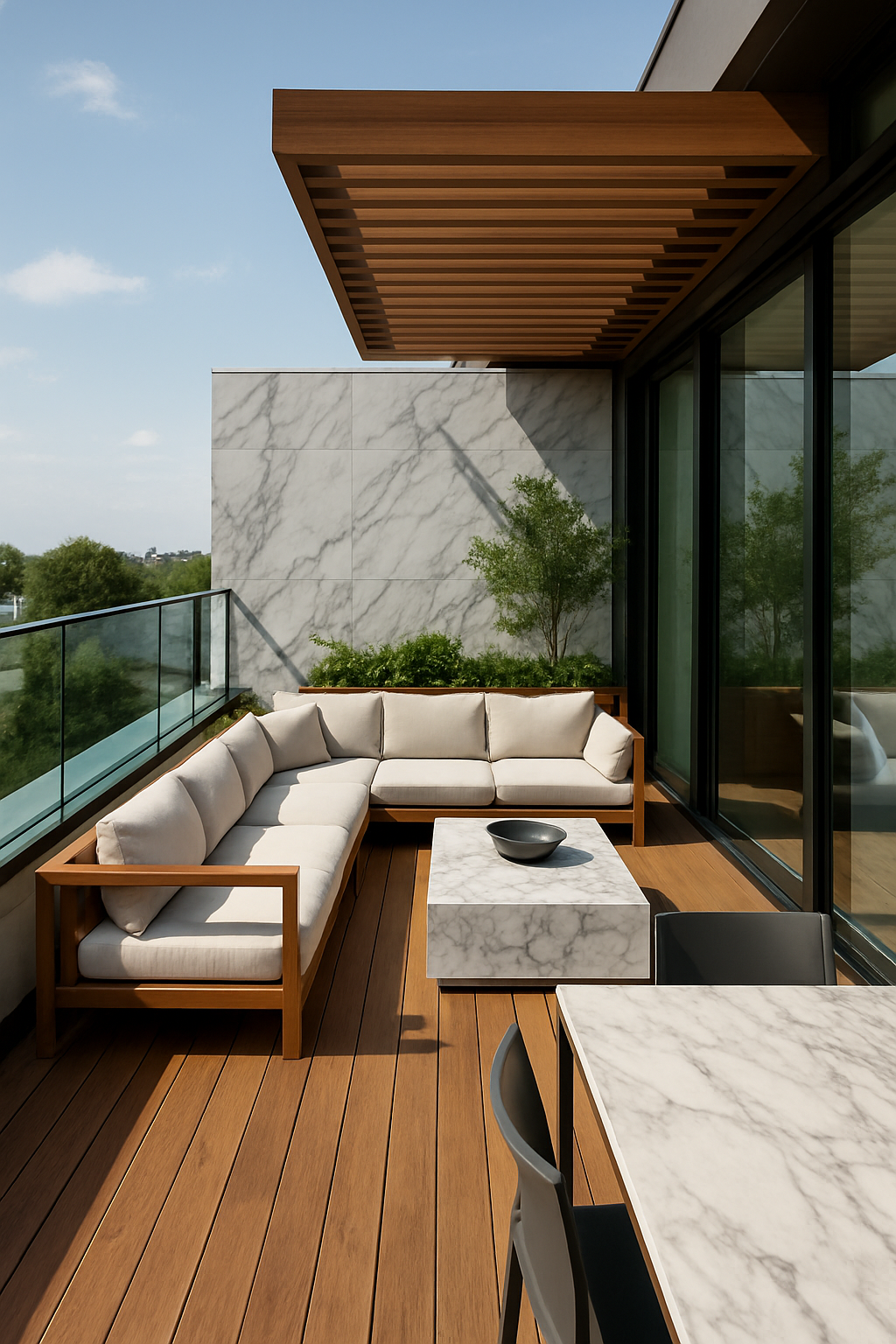 Luxuriöse Dachterrasse mit Holz- und Marmormöbeln, Blick auf das Wasser