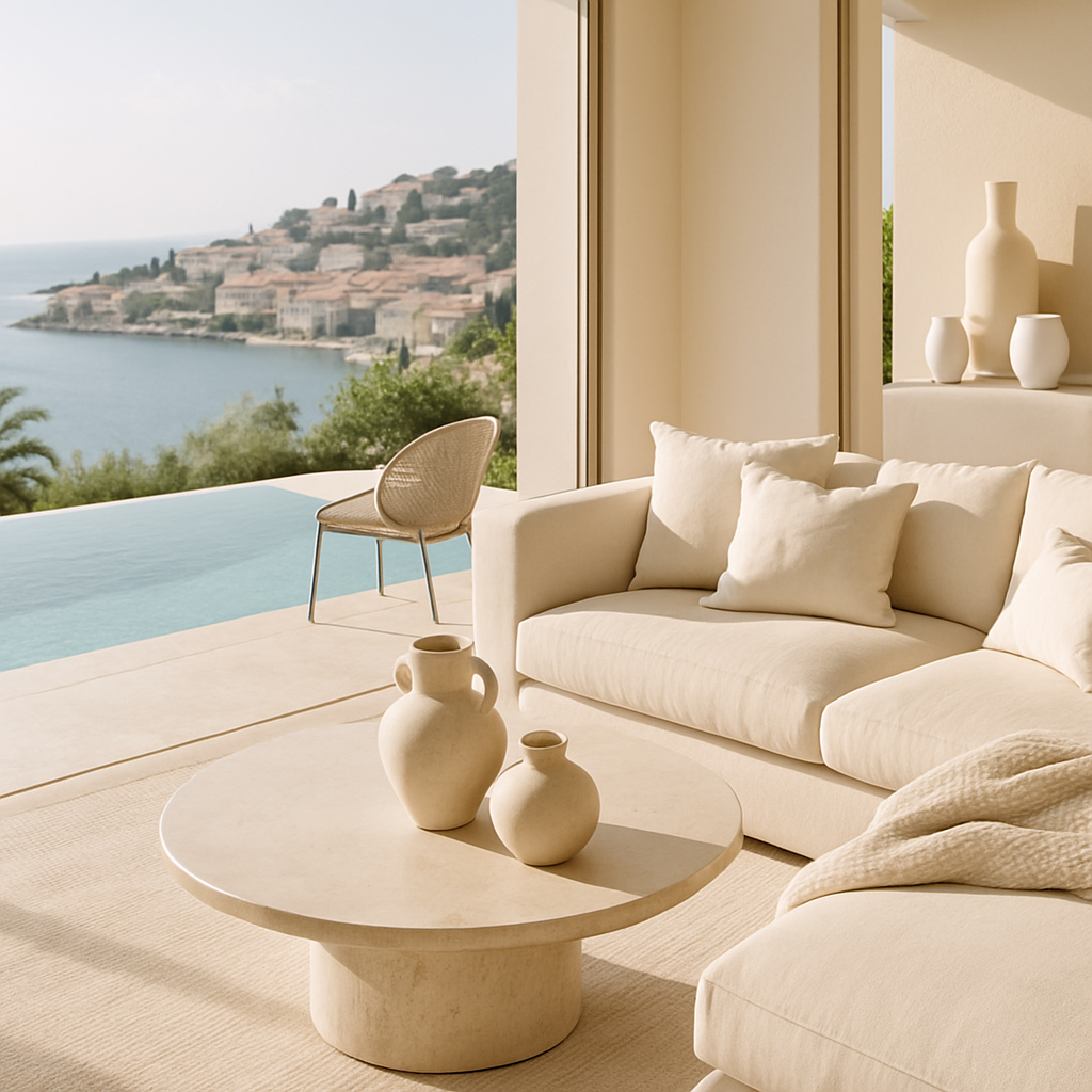 Ein elegantes Wohnzimmer mit Blick auf einen Naturpool und einer Küstenlandschaft im Hintergrund.