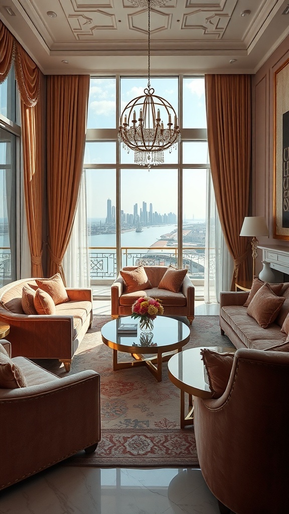 Luxuriös eingerichtetes Wohnzimmer mit eleganten Möbeln und Blick auf die Stadt