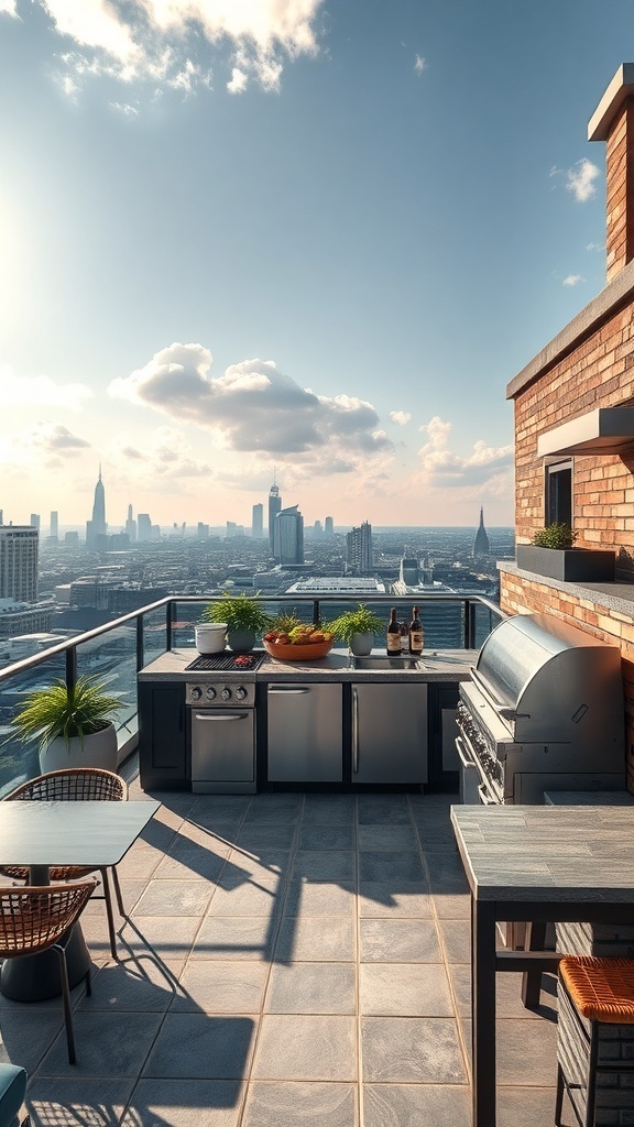 Luxuriöse Outdoor-Küche auf einem Dachgarten mit Blick auf die Stadt
