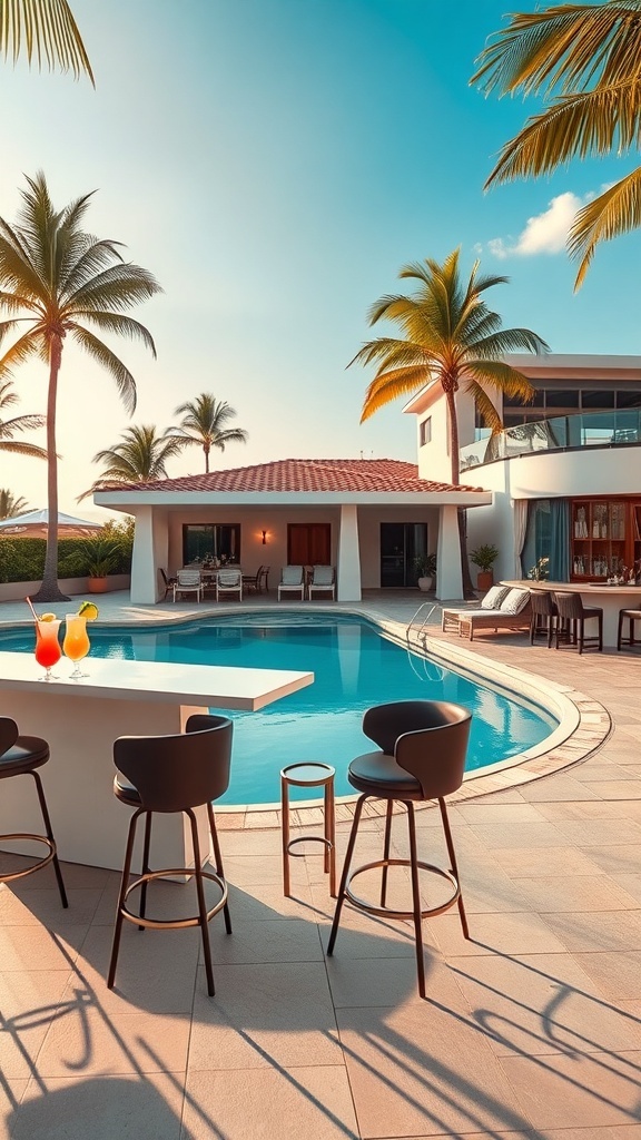 Luxuriöse Poolbar mit Cocktails und eleganten Barhockern