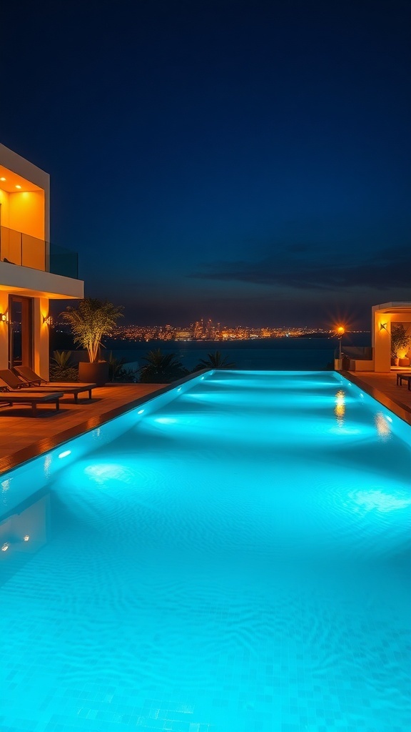 Infinity-Pool bei Nacht mit blauer Beleuchtung und warmen Lichtquellen