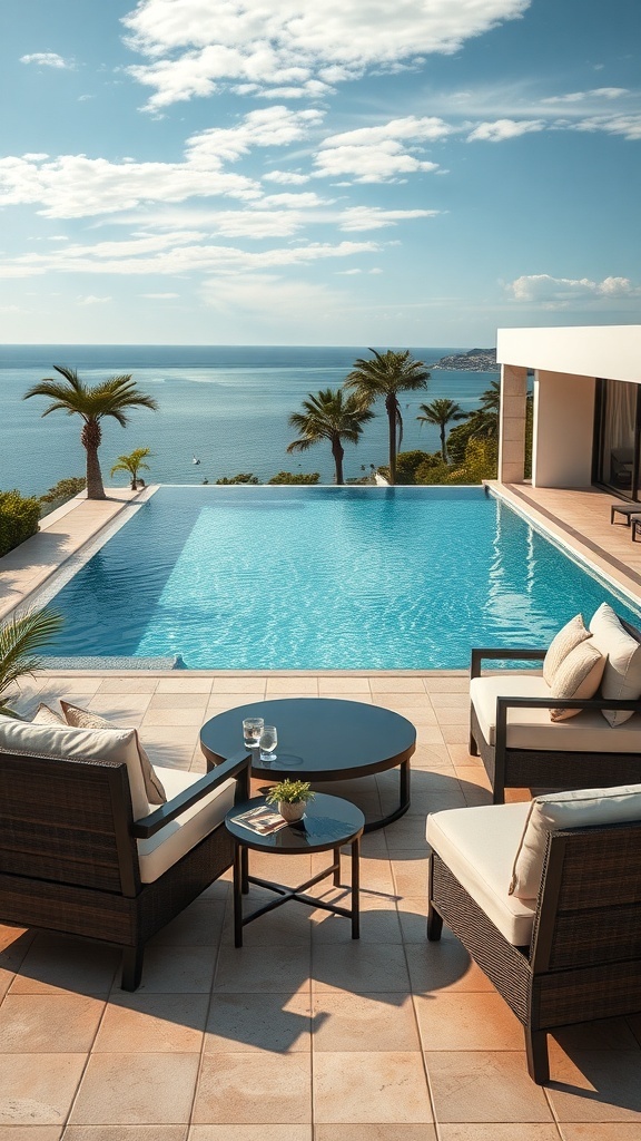 Luxuriöse Poolmöbel mit Blick auf den Pool und das Meer