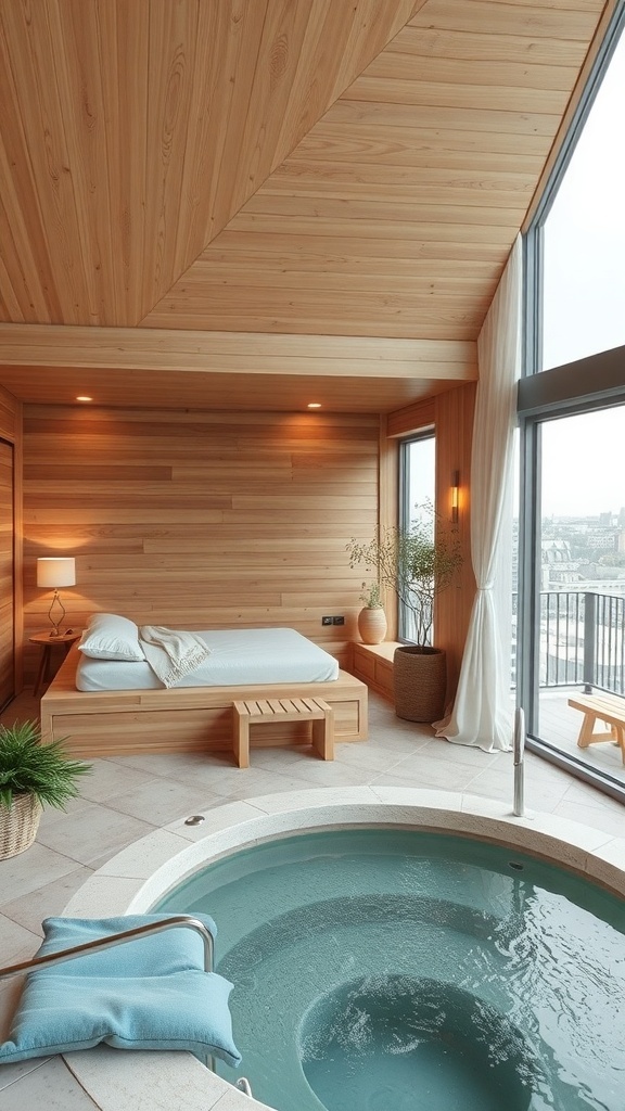 Luxuriöse Sauna mit Whirlpool und Holzverkleidung