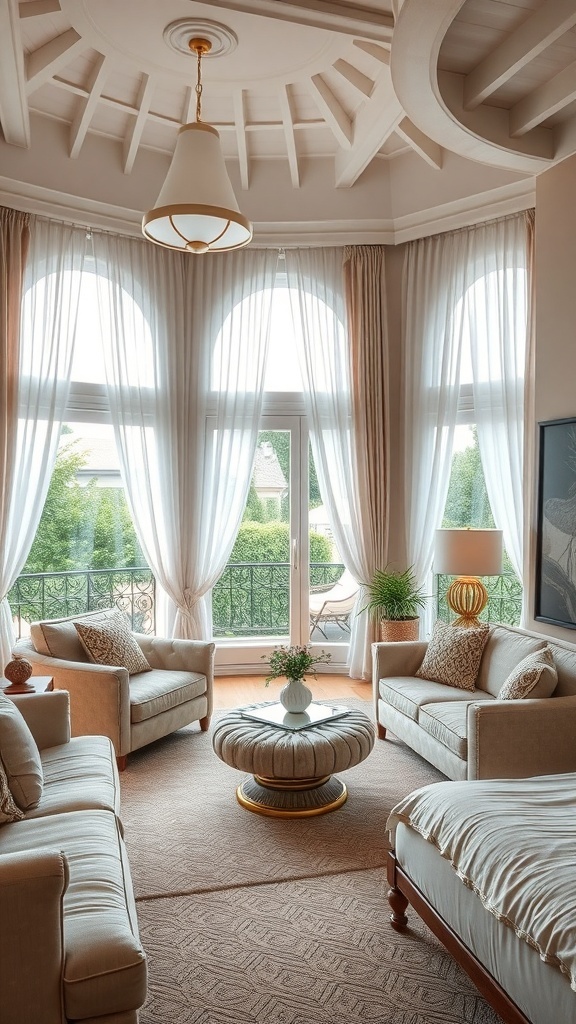 Luxuriöse Schlafzimmer-Sitzgelegenheiten mit eleganten Sesseln und einem stilvollen Tisch in einem hellen Raum