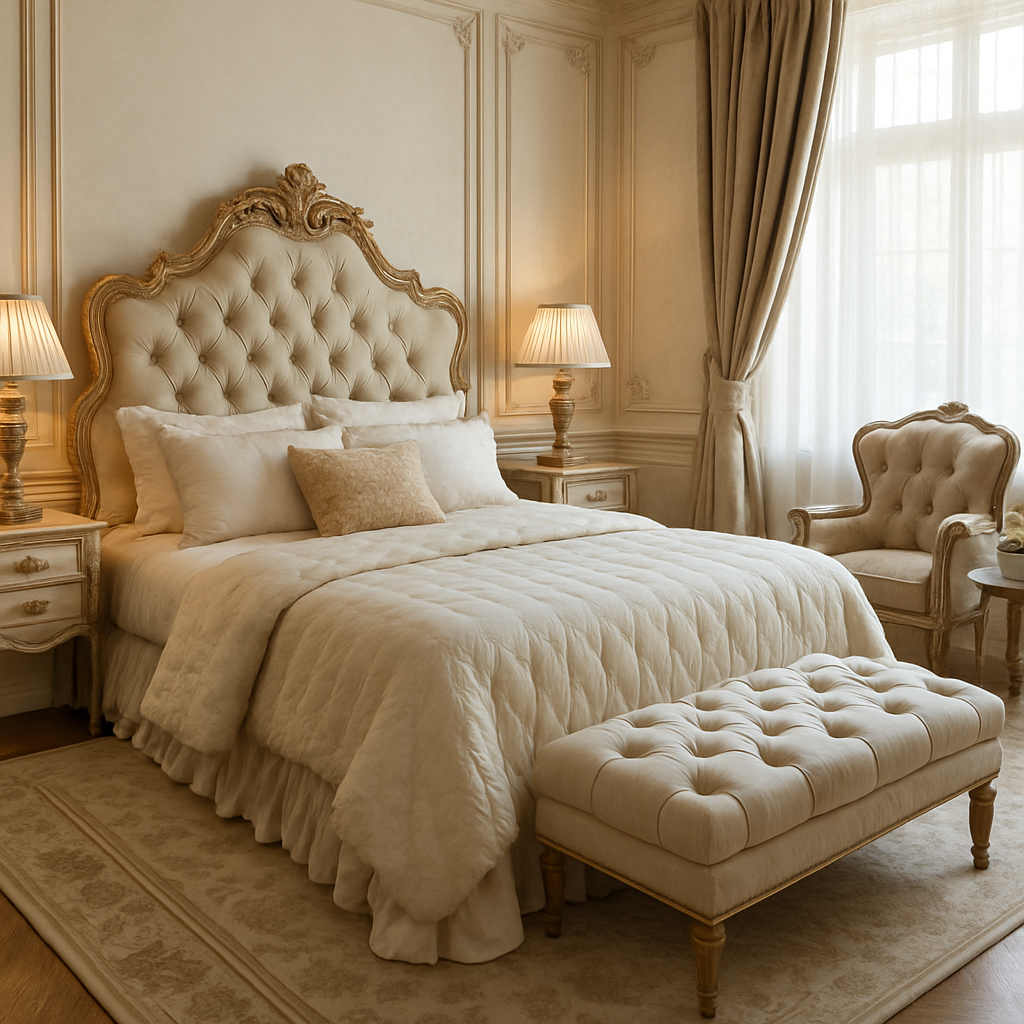 Luxuriöses Schlafzimmer mit hellem Dekor, großem Bett und eleganten Details