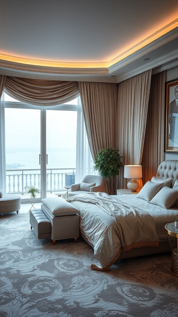 Luxuriöses Schlafzimmer mit elegantem Design, großen Fenstern und stilvollen Möbeln.
