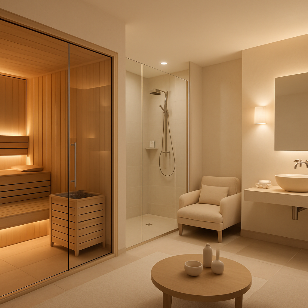 Luxuriöse Spa-Sauna mit Holzverkleidung und eleganten Wellnessangeboten