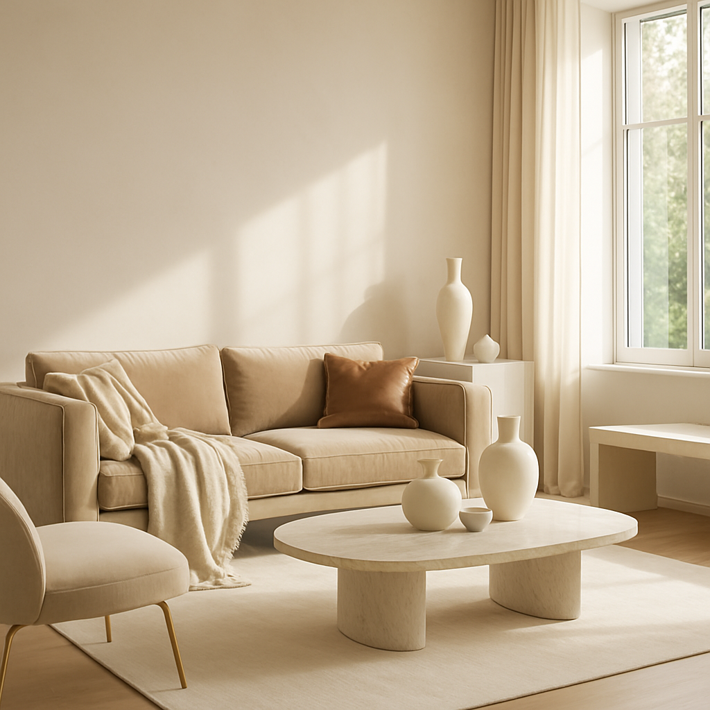 Ein minimalistisches Wohnzimmer mit einem beigen Sofa, Kissen in Erdtönen und einem eleganten Couchtisch.