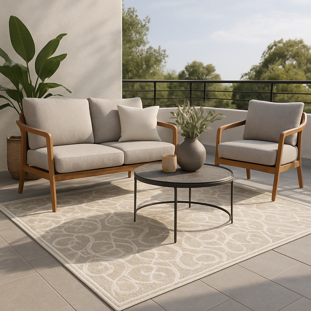 Luxuriöser Außenbereich mit elegantem Teppich, Sofa und Pool