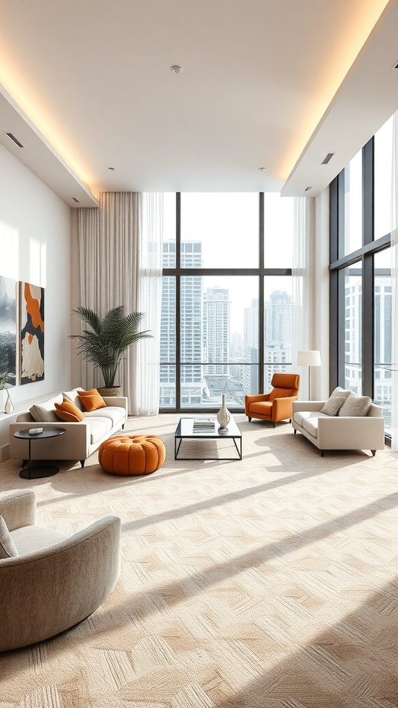 Luxuriöses Wohnzimmer mit modernem Teppich und stilvollen Möbeln