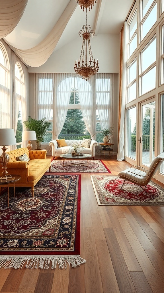 Ein elegantes Wohnzimmer mit großen Fenstern, luxuriösen Teppichen und stilvollen Möbeln.