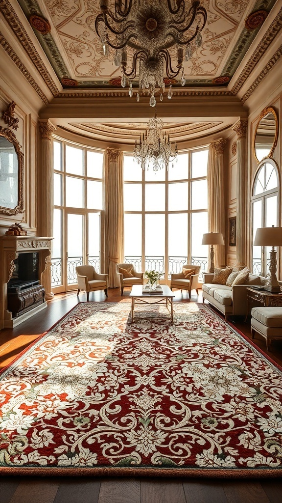 Luxuriöser Teppich in einem eleganten Raum mit großen Fenstern und stilvollen Möbeln.