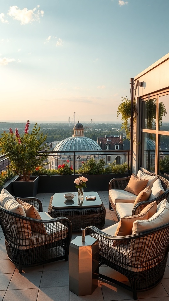 Luxuriöse Terrassenmöbel auf einer modernen Terrasse mit Blick auf die Stadt