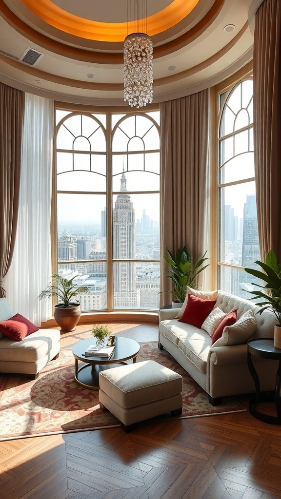 Luxuriöses Wohnzimmer mit Blick auf die Stadt, ausgestattet mit eleganten Möbeln und Textilien.