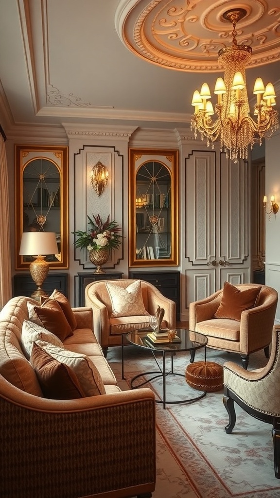 Luxuriöses Wohnzimmer im Art Deco Stil mit eleganten Textilien und Stoffen