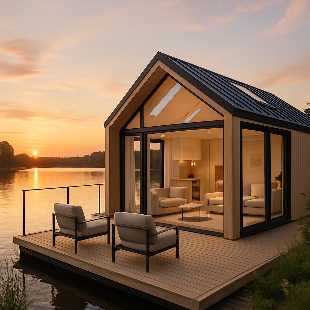 Luxuriöses Tiny House am Wasser mit Blick auf den Sonnenuntergang