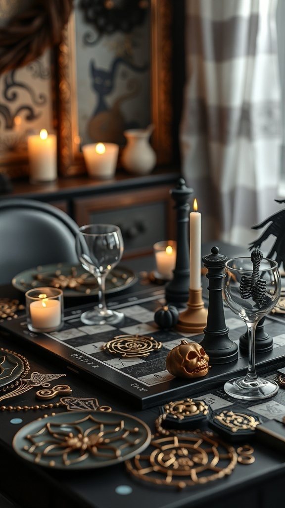 Elegante Halloween Tischdekoration mit Schachbrett, Kerzen und kunstvoll verzierten Tellern