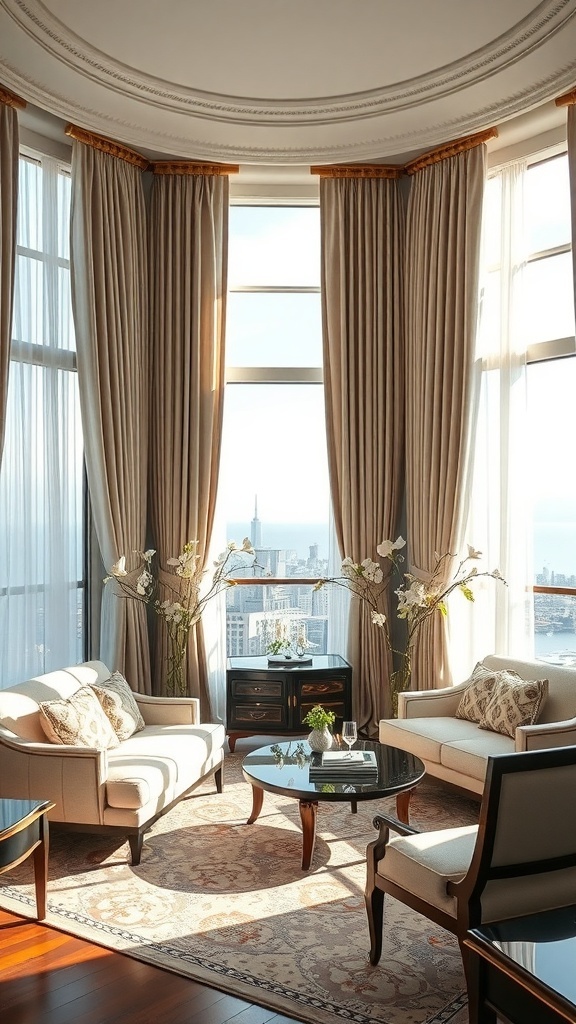 Luxuriöse Fensterdekoration mit langen Vorhängen und eleganten Möbeln in einem stilvollen Raum