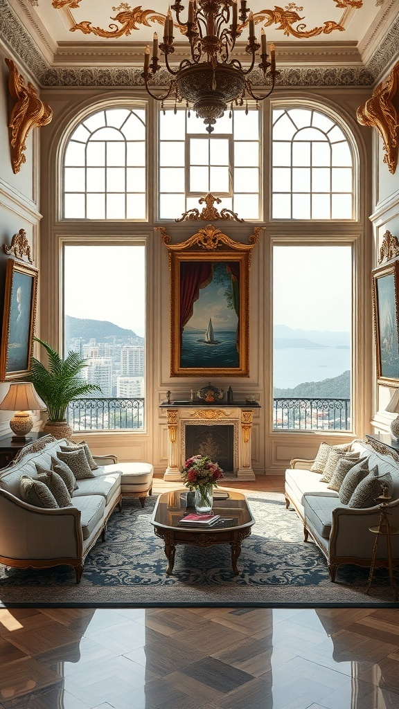 Luxuriöses Wohnzimmer im Rococo-Stil mit Wandkunst und eleganten Möbeln