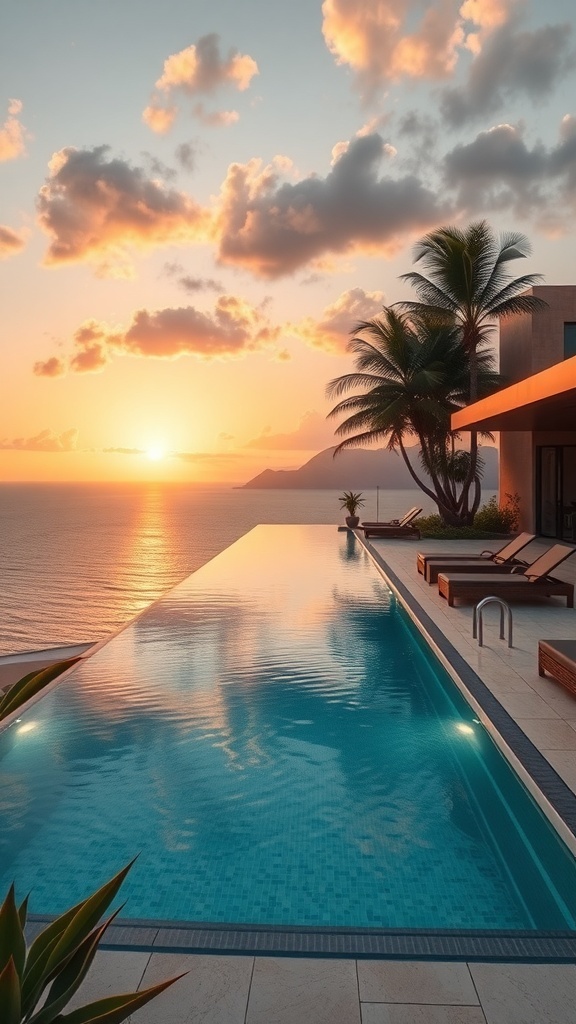Luxuriöser Infinity-Pool mit Meerblick bei Sonnenuntergang