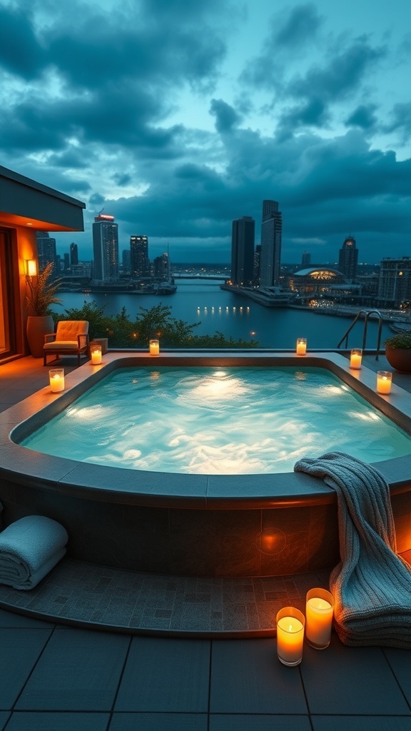 Luxuriöser Spa-Pool mit Whirlpool und Kerzenbeleuchtung, Blick auf die Stadt