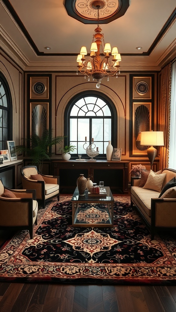 A vintage Art Deco living room featuring a luxurious area rug with intricate patterns and rich colors, complemented by elegant furniture and decor.