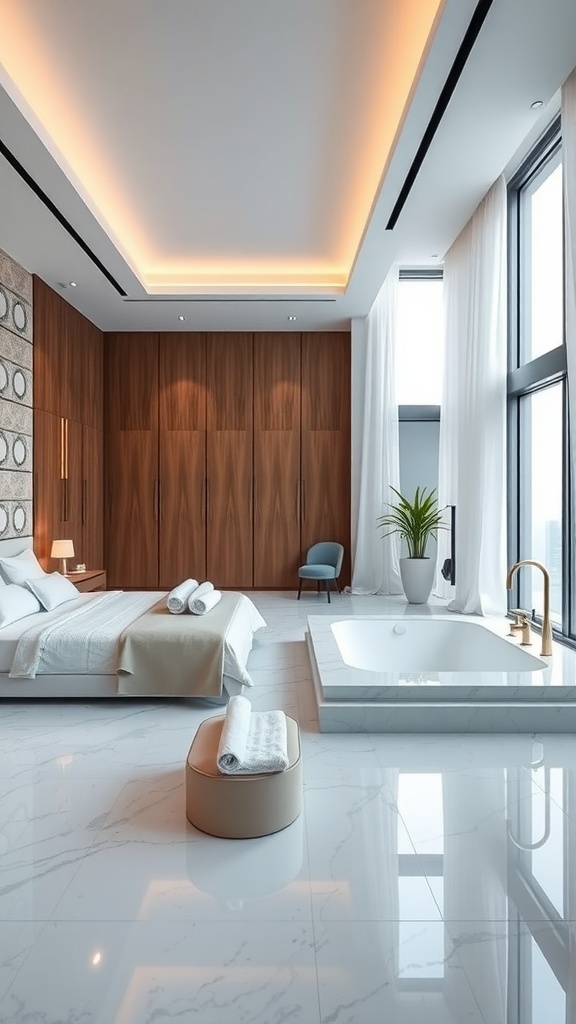 Luxurious bedroom with a modern bathtub, wooden cabinetry, and marble flooring.