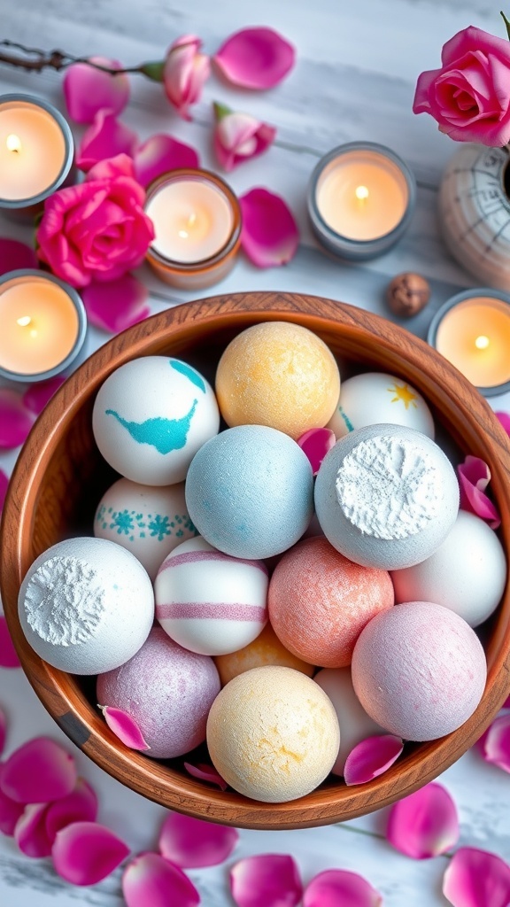 A bowl of colorful bath bombs surrounded by rose petals and candles