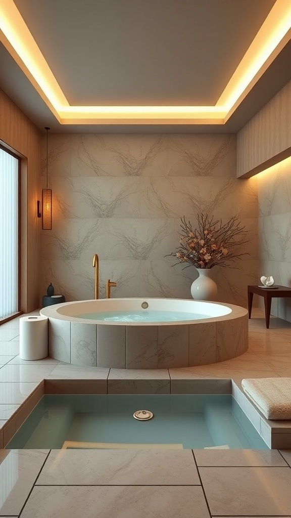 A luxurious Japandi-style bathroom featuring a round bathtub, gold fixtures, and a serene atmosphere.