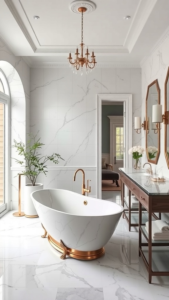 Luxurious bathroom featuring a freestanding bathtub, marble tiles, and elegant chandelier.